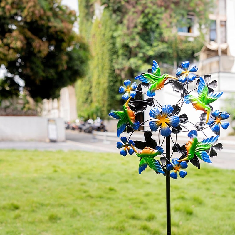 Senflame Double Blade Hummingbird Swivel Wind Spinners, Outdoor Garden Spinners 38inch Garden Stakes Decor, Metal Pinwheels for Yard and Lawn - Image 3